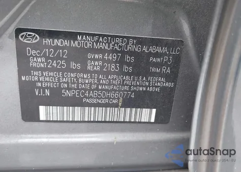 2013 Hyundai Sonata Limited 2.0T z USA, uszkodzony, nr VIN 5NPEC4AB5DH660774